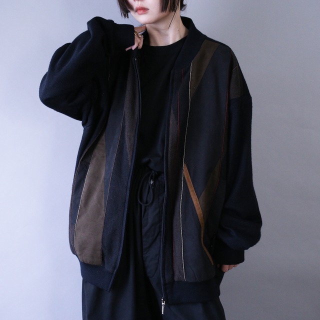 fake suede switching design zip-up knit blouson
