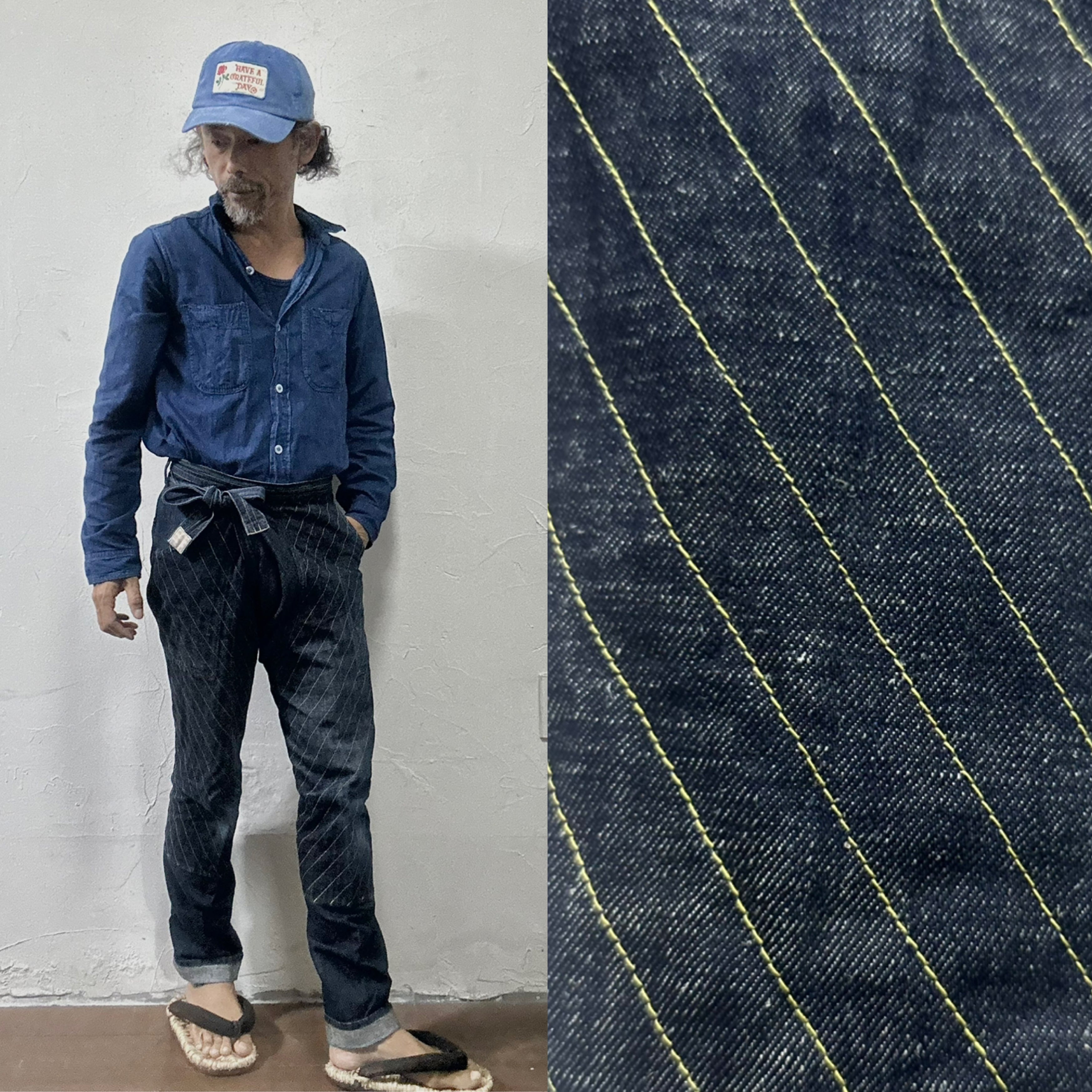 8/31まで特別価格!股引き コットンヘンプデニム indigo イエロー斜めステッチ
