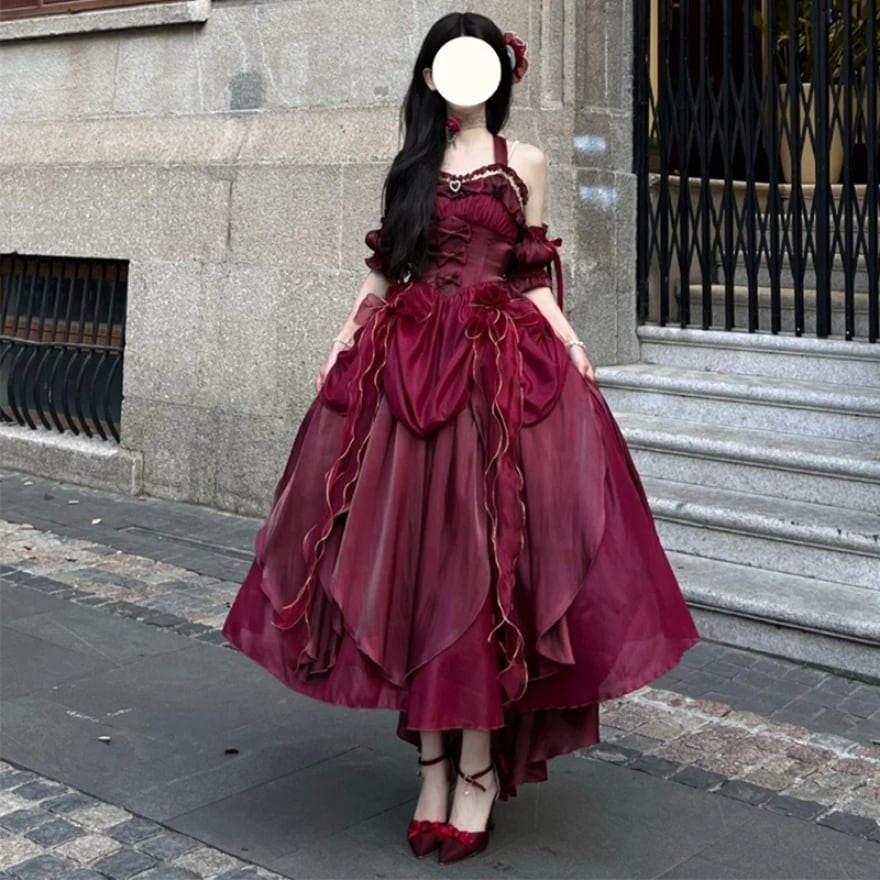 即納 レッド Sサイズ ロングドレス ふわふわ プリンセスドレス レース リボン ガーリー 甘め lolita