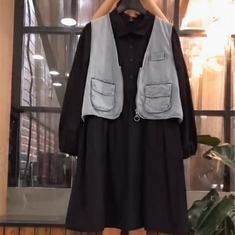 ファットシスタープラスサイズレディースドレス秋にふさわしいファットピープルウエスタンスタイルフェイクツーピーススーツ薄デニムベストドレス ミックスインファッション60712789554