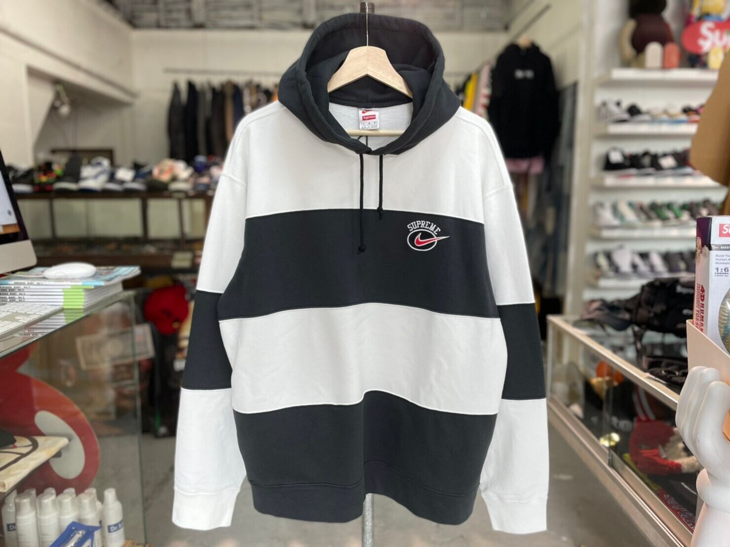 Supreme × NIKE 19SS STRIPE HOODED SWEATSHIRT BLACK LARGE BV7558  