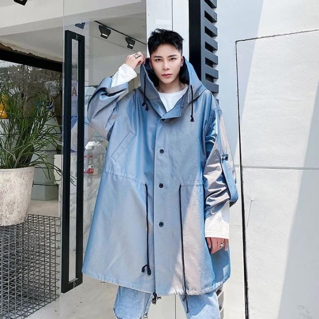 【予約販売】コート メンズ ミドル丈 フード付き 光沢 ビッグシルエット ブルー ブラック コート 韓国 防寒 お洒落 こなれ感 ベーシック 秋 春 M/L/XL