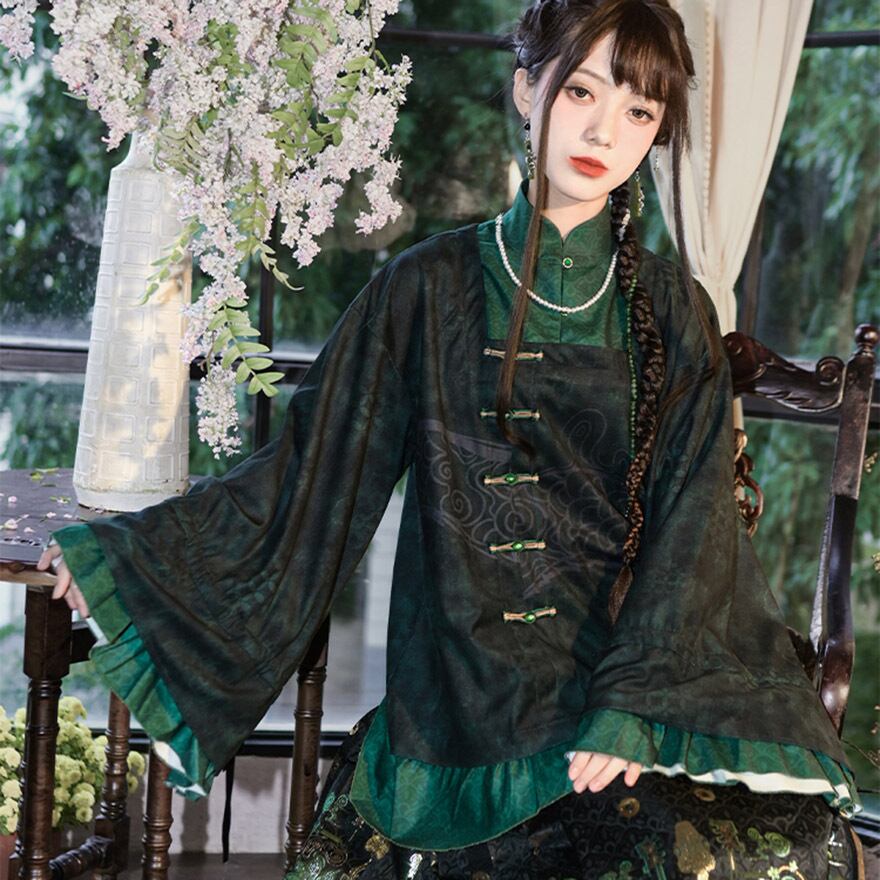 サブカル系 中華風 ツーピーススタンドカラートップス 姫袖 古怪舎