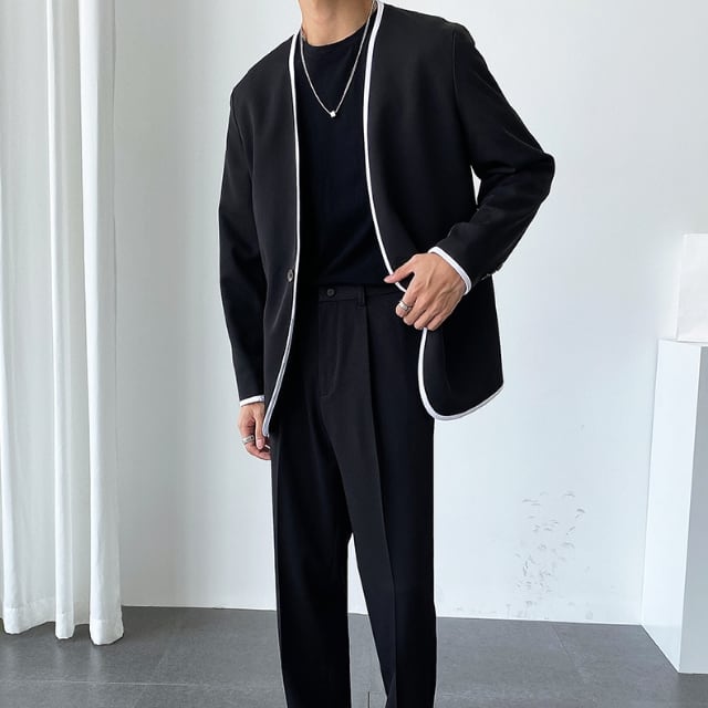 【予約販売】メンズ セットアップ スーツ 無地 ノーカラー パイピング ベーシック シック 男前 ブラック クリーム ホワイト ジャケット パンツ セット セットアップ ビジネス 通勤 フォーマル パーティ 二次会 同窓会 結婚式 韓国 トレンド 大きいサイズ M/L/XL/2XL