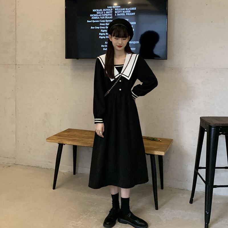 ネイビーカラー長袖スリーブドレス スプリングスタイルウェストブラックAラインスカート ロング 春物 スーパーモール72912573115