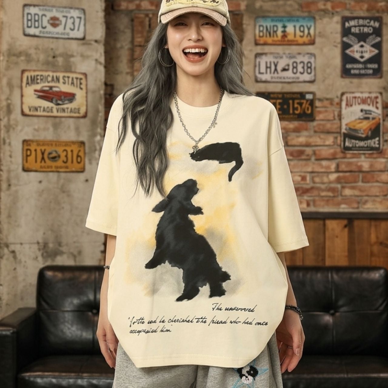 ドッグキャットイラストドロップショルダーTシャツ 1col R02078
