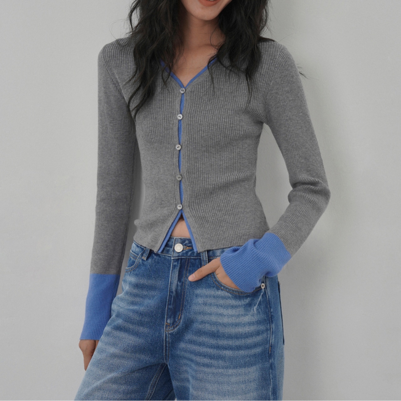 color block v-neck knit cardigan J00095