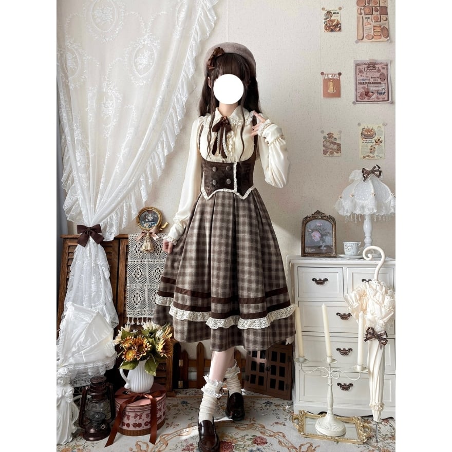 気品漂うブラウンチェック｜コルセット風ウエストと裾レースで理想の