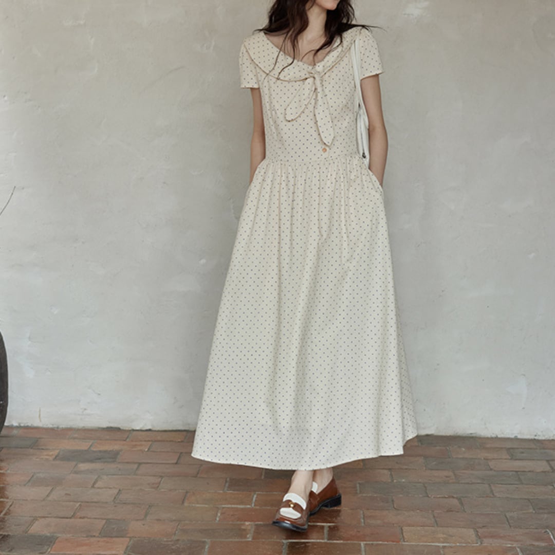 dot sailor collar waist tie dress