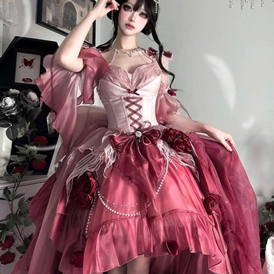 甘ロリ バックテイルロングドレス ピンク×ふんわり 撮影会向け|WithU 甘ロリ バックテイルロングドレス ピンク×ふんわり 撮影会向け|WithU