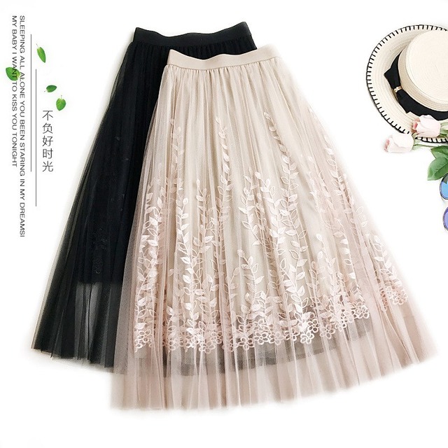 アプリコットグレーメッシュスカート夏ハイウエストリネンスカート2018ファッション女性マキシスカート刺繍フラワー夏段faldasサイア