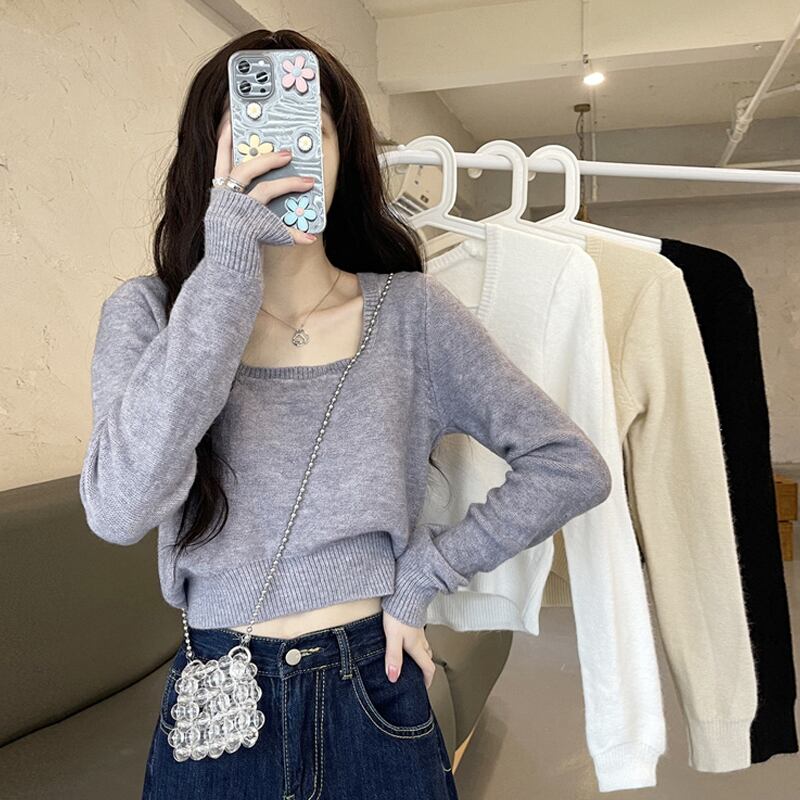 セーター スプリングオータムシャツ スリムショートトップス ロング 春物 秋物 スクウェア スーパーモール82496713040