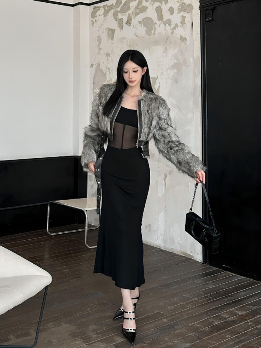 ベルテッドクロップドファージャケット&パネルメッシュニットワンピースセットアップ|Atelier Item