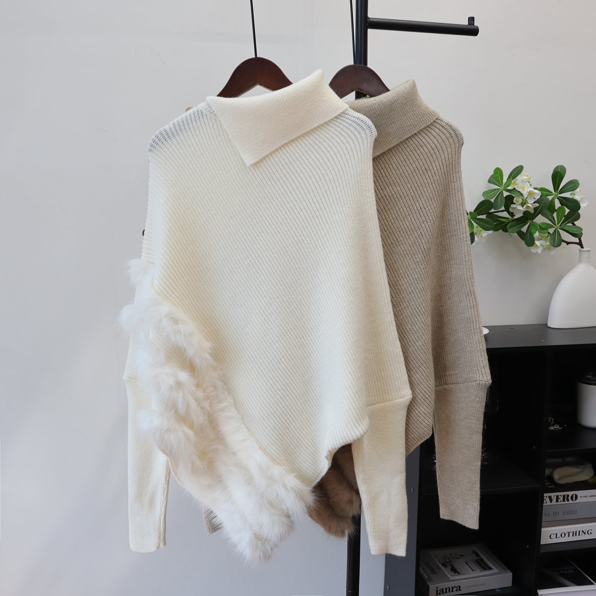 【tops】ファー付きイレヘムニットトップス Q6711