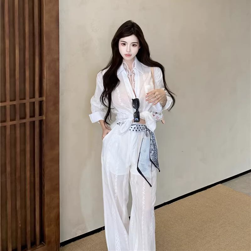 【set】レースドッキングシャツ×スカーフ付きワイドパンツセット Q8074