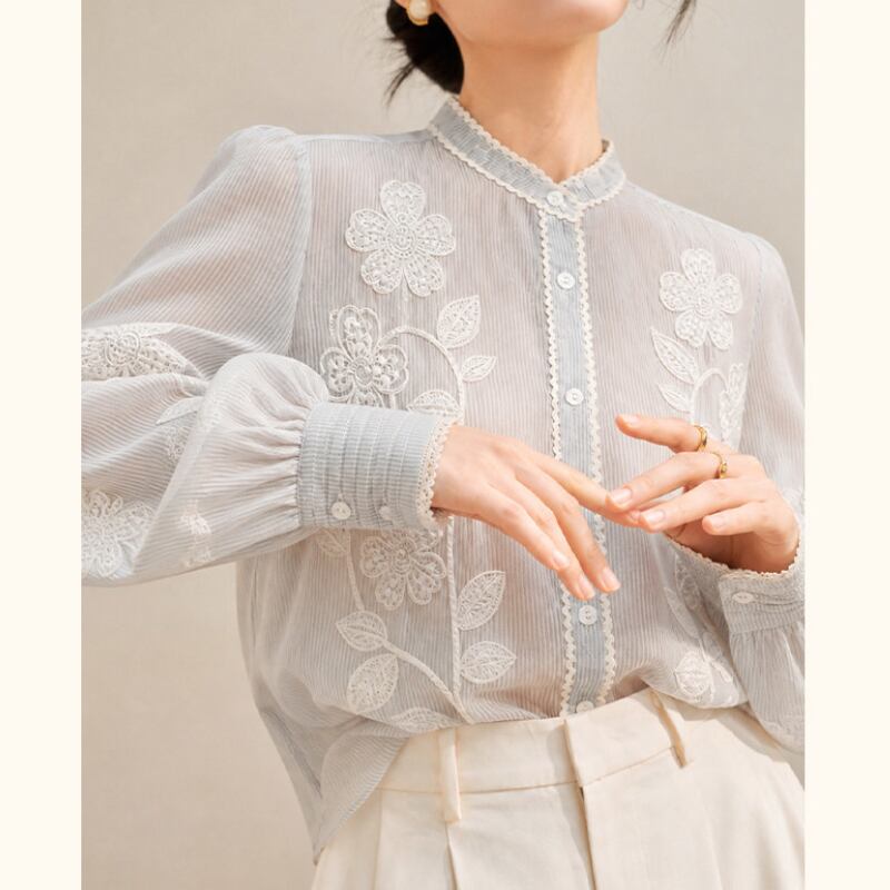 Lace-Trim Band-Collar Botanical Shirt S0272