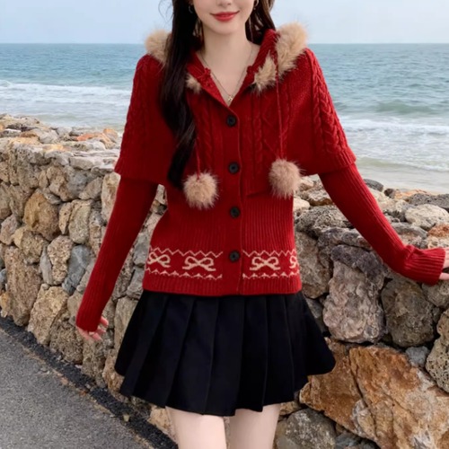 ケープデザインファーフーデッドニットカーデ ・74292