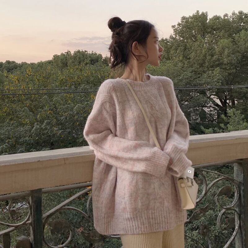 セーター ルーズオータムウィンタースタイルニットプルオーバー ブラウス ピンク 秋物 冬物 萌量不足38497251331