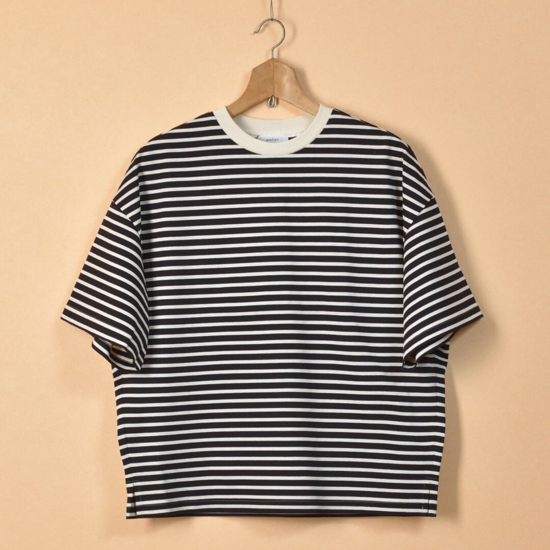 atelier naruse アトリエナルセ コットンボーダーカットソー・ブラックxキナリ 新しいコットン生地を使ったカットソー【送料150円~】