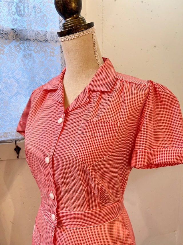40's vintage seersucker red check dress