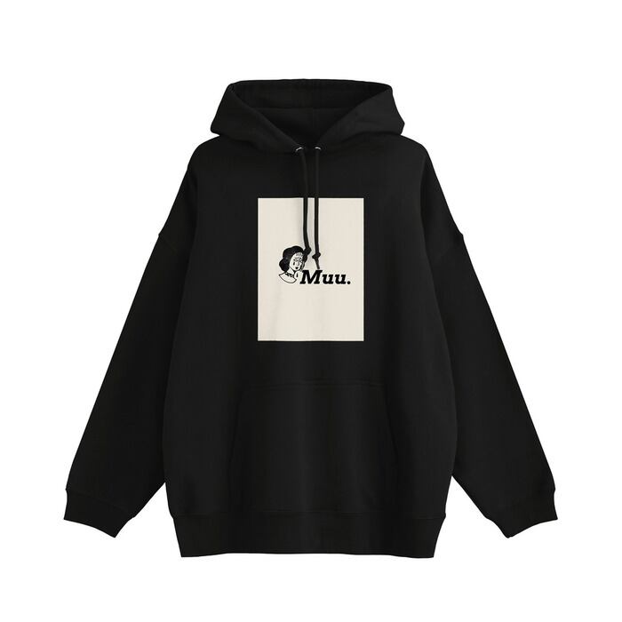 プリント】黒フード付きパーカー×背面モチーフ（レッド・ブルー