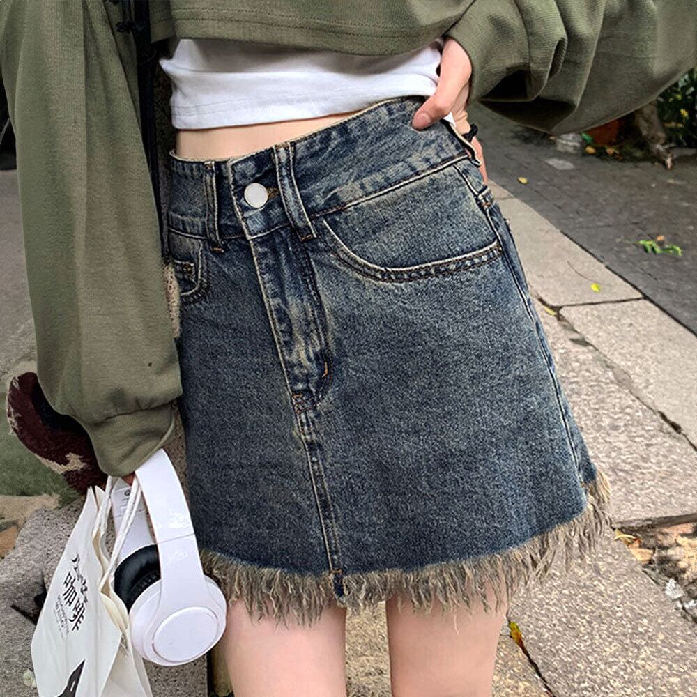 デニム ミニスカート レディース 春夏秋 韓国 デニムスカート おしゃれ 大人 かわいい フリンジ ハイウエスト カジュアル ヴィンテージ ストリートファッション Aライン 大人可愛い 大人女子