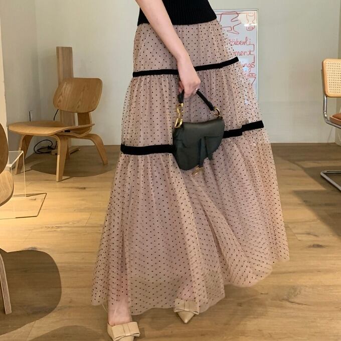 レトロ ガーリー ドット ティアード チュール Aラインスカート ロング丈 レディース ボトムス ブラック ブラウン 黒 茶 水玉 レース メッシュ ハイウエスト スタイルアップ 脚長効果 体型カバー パウスカート エレガント フェミニン ゆるふわ 男ウケ デート服 楽ちん 韓国