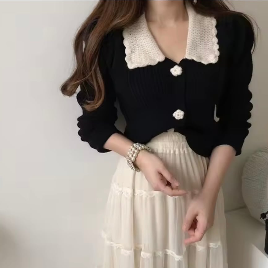 スカラップカラーフラワーボタンカーディガン