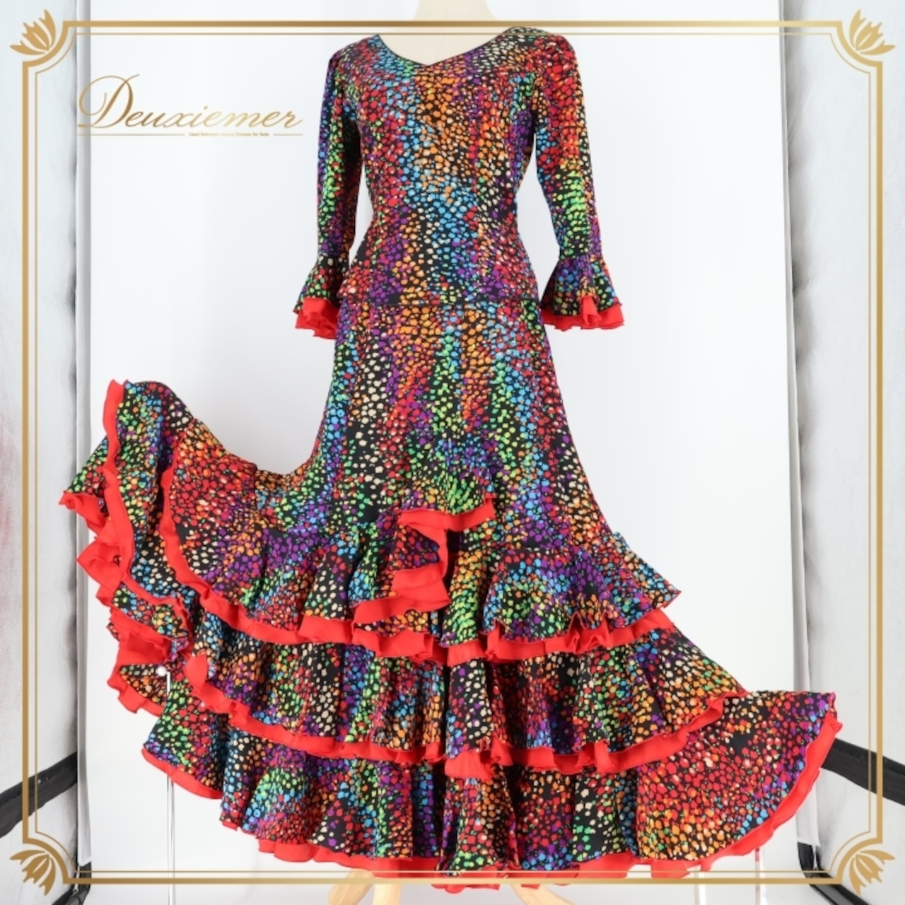 フラメンコ 衣装 エルモサイベリア HERMOSA IBERIA ツーピース セットアップ トップス ファルダ 赤 カラフル ボランテ フリル ダンス 発表会 パーティ 柄 模様 ブラック系 レッド系 ブルー系 イエロー系 かわいい おしゃれ ステージ衣装 ダンス衣装 派手 女性用 セットアップファッション 柄物 ショー衣装