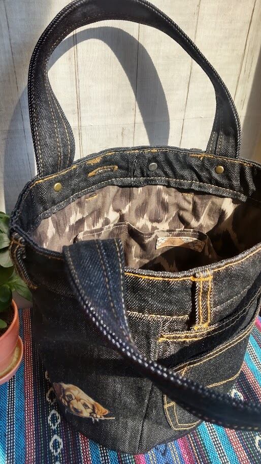 デニムリメイクトートバッグ（バケツトート）わんこプリント