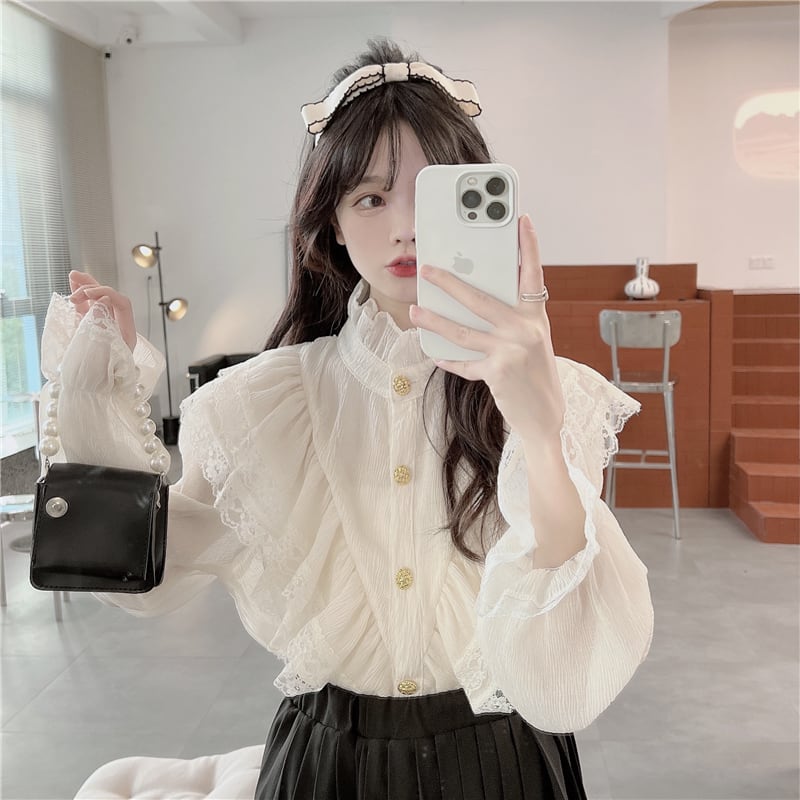 ブラウス 甘め ネックギャザー 袖コン レースフリル ガーリー かわいい