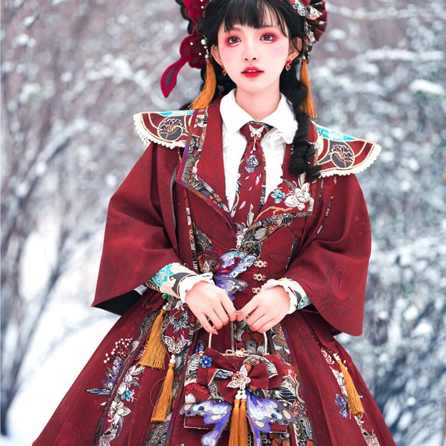 中華ロリィタ深紅ケープ 蝶柄刺繍風華ロリ羽織り
