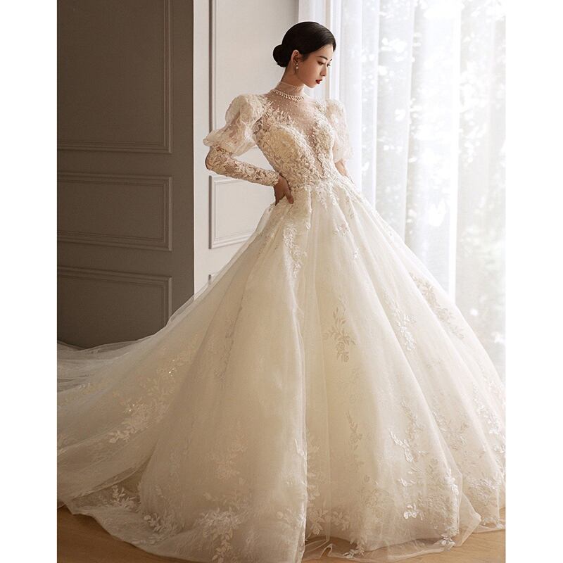高品質！ウエディングドレス ホワイト 3D立体レース刺繍 プリンセス  