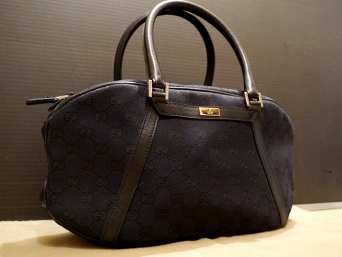 ◆GUCCIグッチ GGライン レザーｘキャンバス ボストン型 バッグ 黒◆