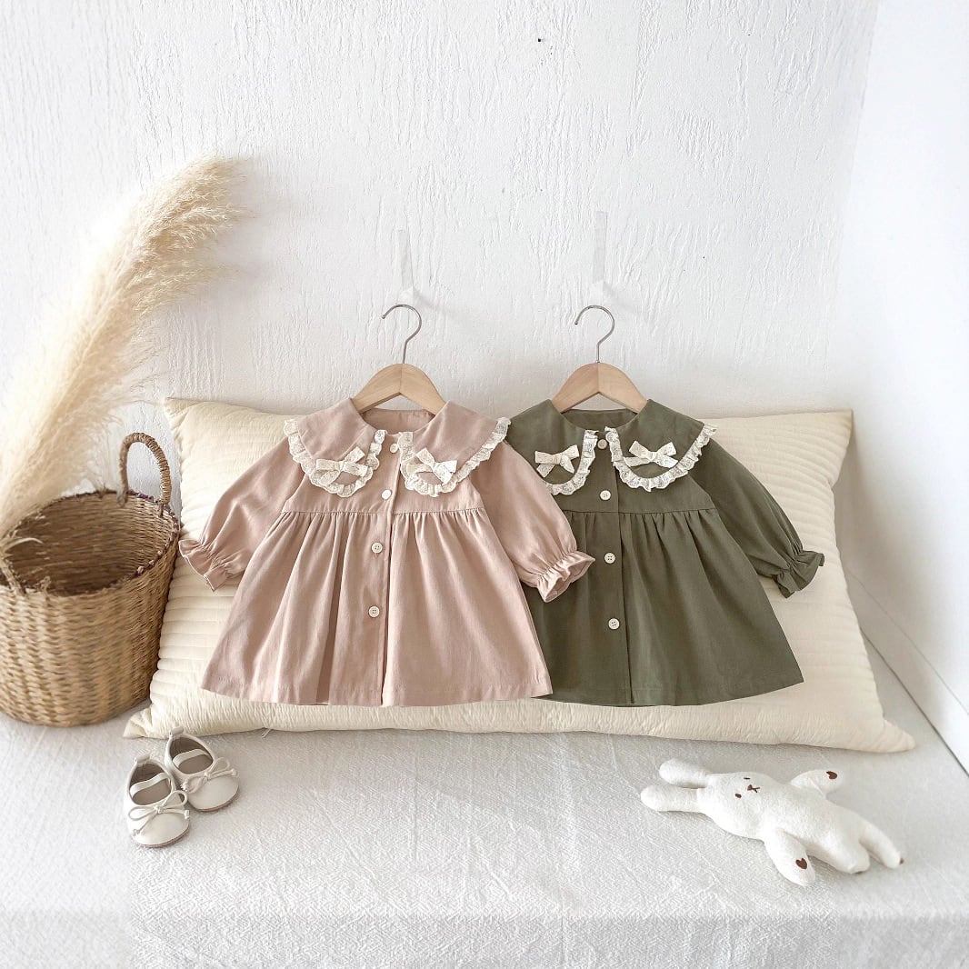 【予約販売】73-110cm レース襟リボンワンピース