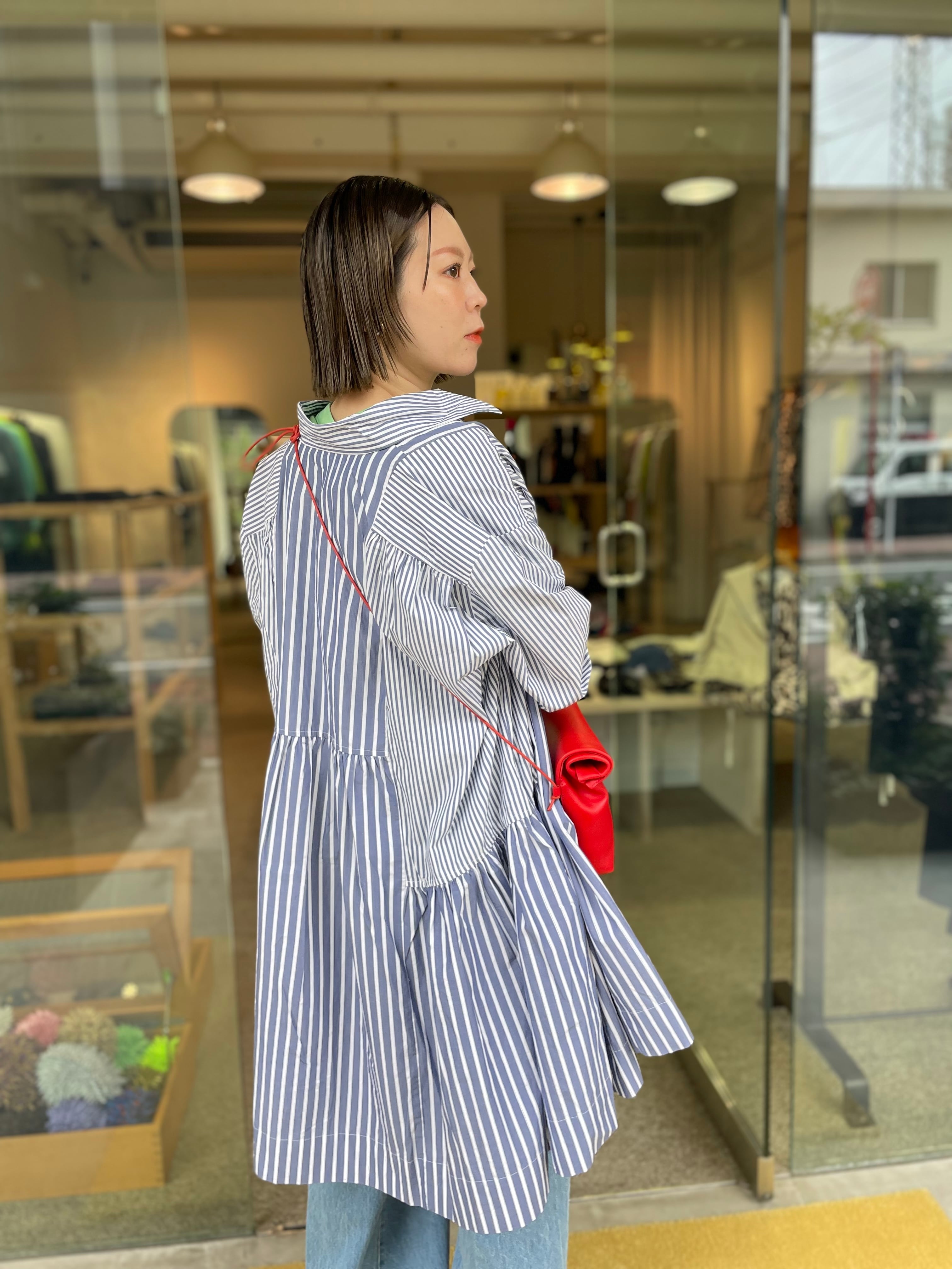 23SS】GANNI ガニー / Stripe Cotton Wide Mini Shirt Dress | TRENT