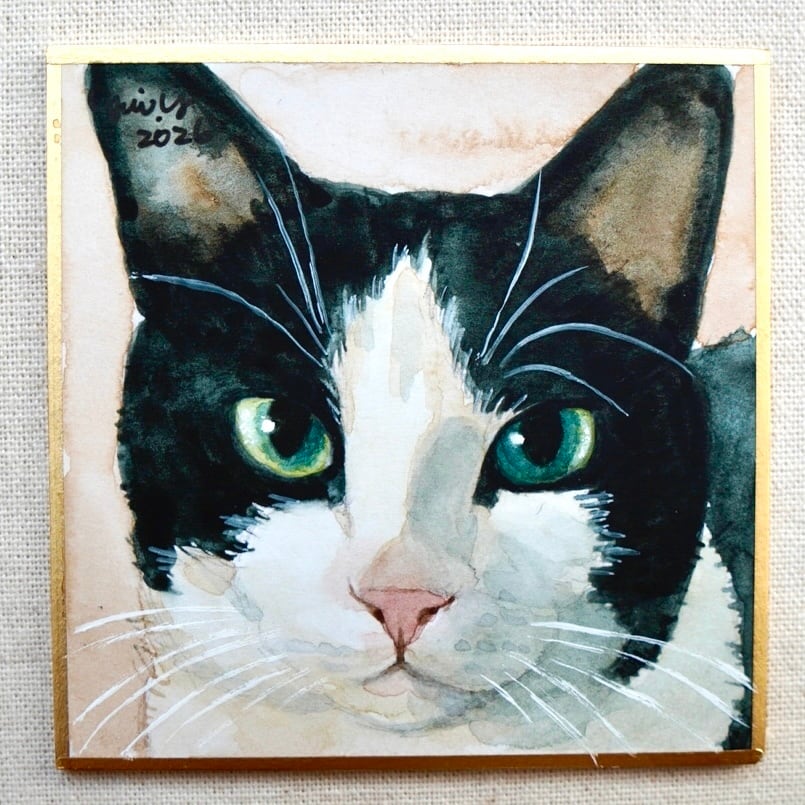 Limited 絵画 cat 猫の絵 art 猫雑貨 猫 ハチワレ kawaii 猫の絵 396 水彩画 原画 ミニ色紙 ハチワレ | Forest cat