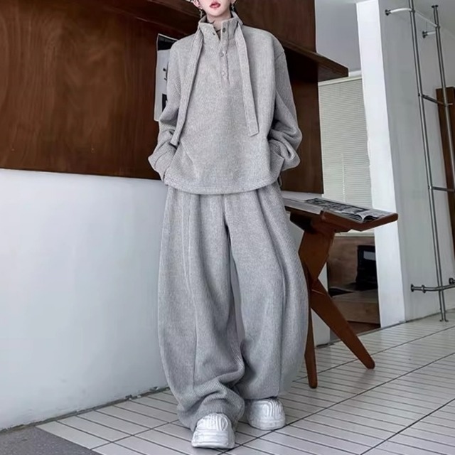 ネックリボン付き ハイネックプルオーバー＆ワイドパンツセットアップ 3カラー D12047