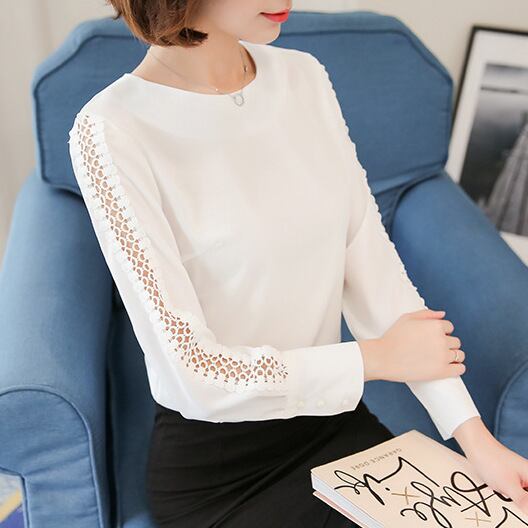 袖レーストップス スリムシフォンシャツ ラウンドネック ダンス ウェア 白 