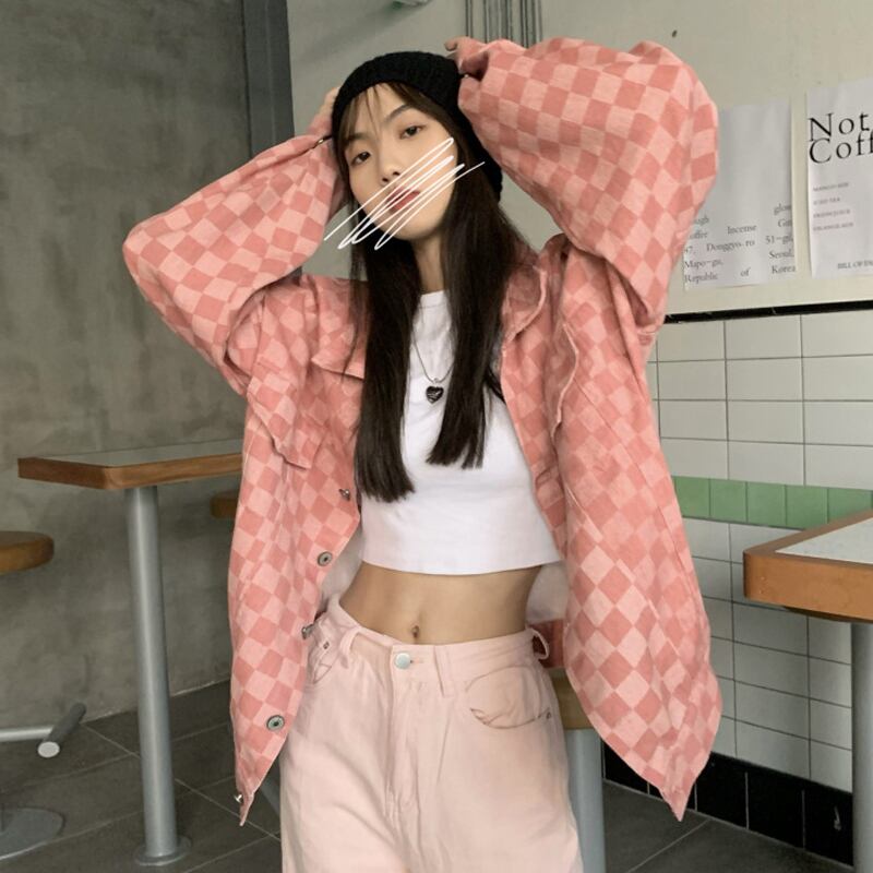 スタンダード格子柄ジャケット ルーズスプリングオータムレッドトップス レトロ 春物 秋物 試着室2016730851