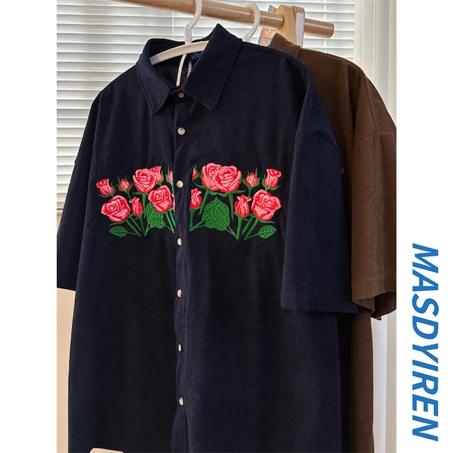 【FANMANシリーズ】★シャツ★ 2color トップス 半袖シャツ 男女兼用 メンズ 刺繍 バラ 薔薇 ブラウン ネイビー