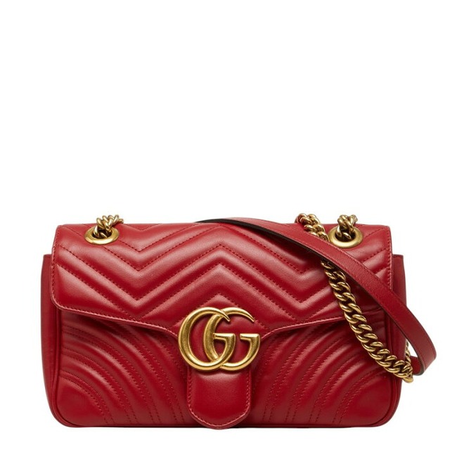 グッチ GGマーモント 斜め掛け チェーン ショルダーバッグ キルティング 443497 レッド ゴールド レザー レディース GUCCI 【中古】