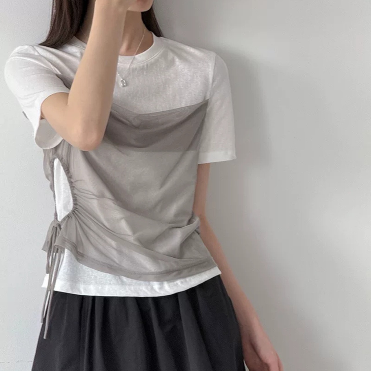 異素材ドッキング シアー チュールビスチェ Tシャツ 00262・画像2