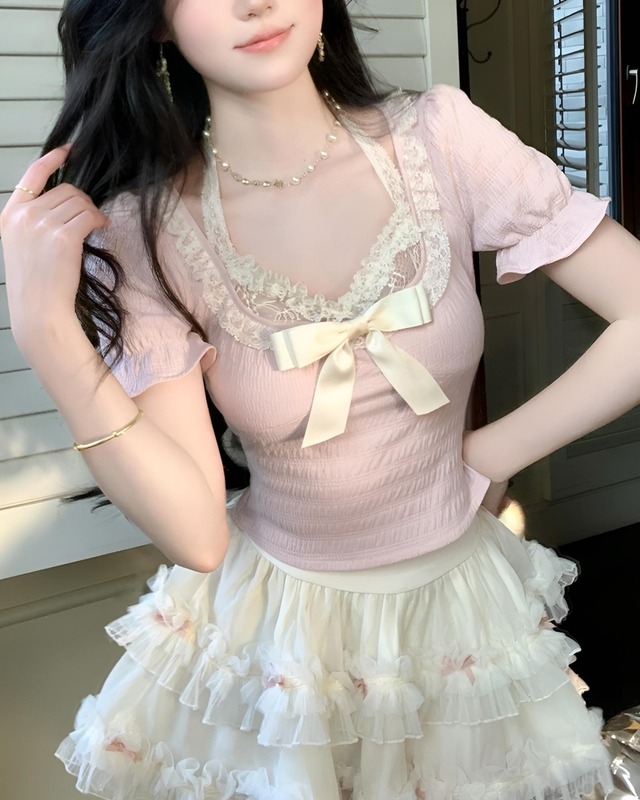 パフスリリボンフェイクレイヤードトップス　2504022