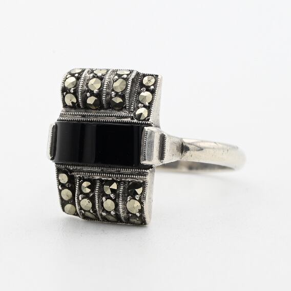 Black Onyx / Marcasite Accent Rectangle Top Ring #10.5 / Denmark