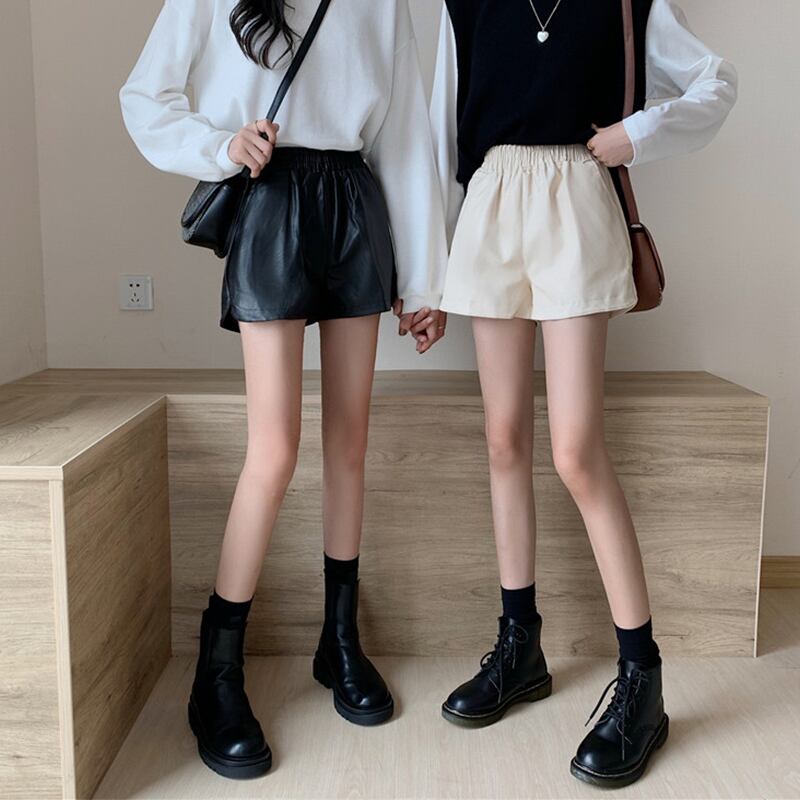 パンツ スプリングソリッド カラーショーツ ストレッチウェスト薄手Aラインレザーカジュアル エラスティック 伸縮 春物 ブルマー ソリッドカラー 萌量不足92643673180