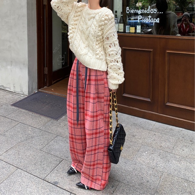 check drawstring wide-leg pants　J00258