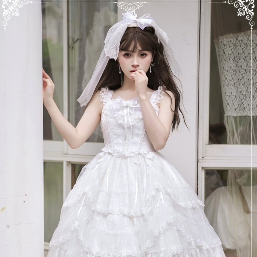 ホワイトロリータウェディングドレス フリル付き ホワイトロリータウェディングドレス フリル付き ホワイト