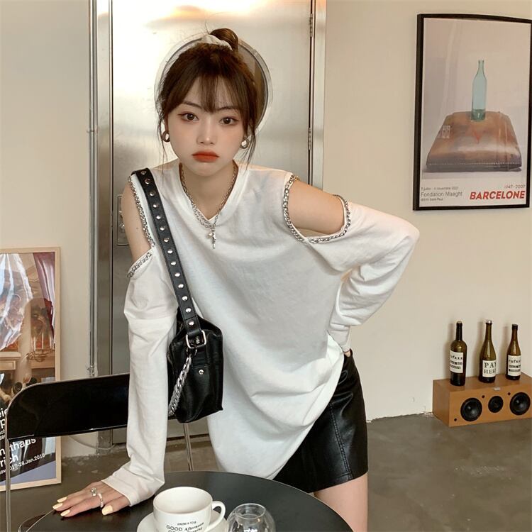 ストラップレスTシャツ スプリングオータム薄手ルーズホワイトトップス ロング 春物 秋物 萌量不足9677876809