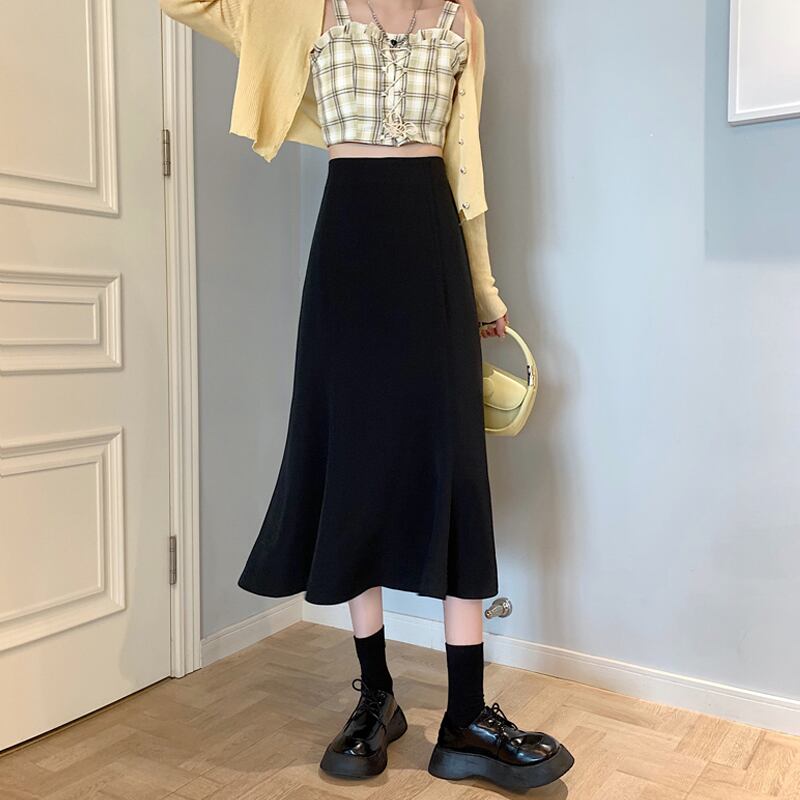 ブラックスカート スプリングオータムハイウェストウェストAラインロング 春物 秋物 試着室51407368646
